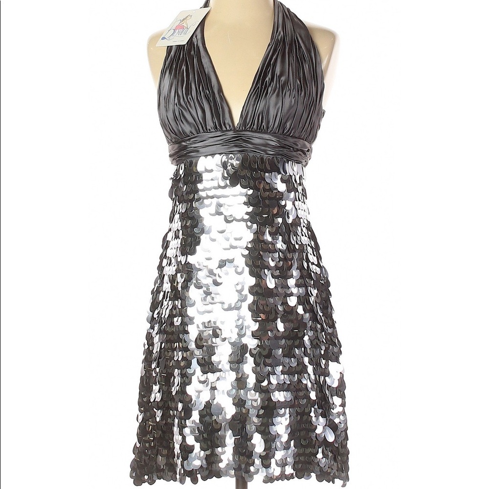 Jovani Silver Mermaid Sequin Halter Mini Prom Dress